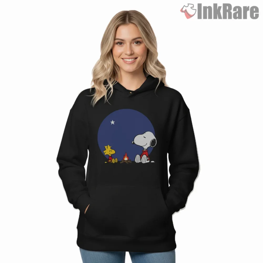 Snoopy And Woodstock Campfire Night Shirt on black hoodie for women graphic tee