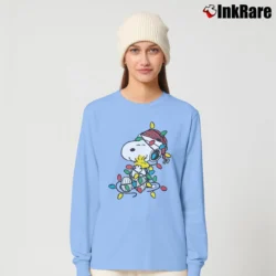 Women’s Snoopy And Woodstock Christmas Lights Holiday Long-Sleeve Top in light blue | Sleek, Versatile, All-Season