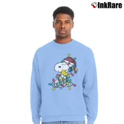 Men’s Snoopy And Woodstock Christmas Lights Holiday Crewneck Sweatshirt in light blue | Cozy Fabric, Clean Style