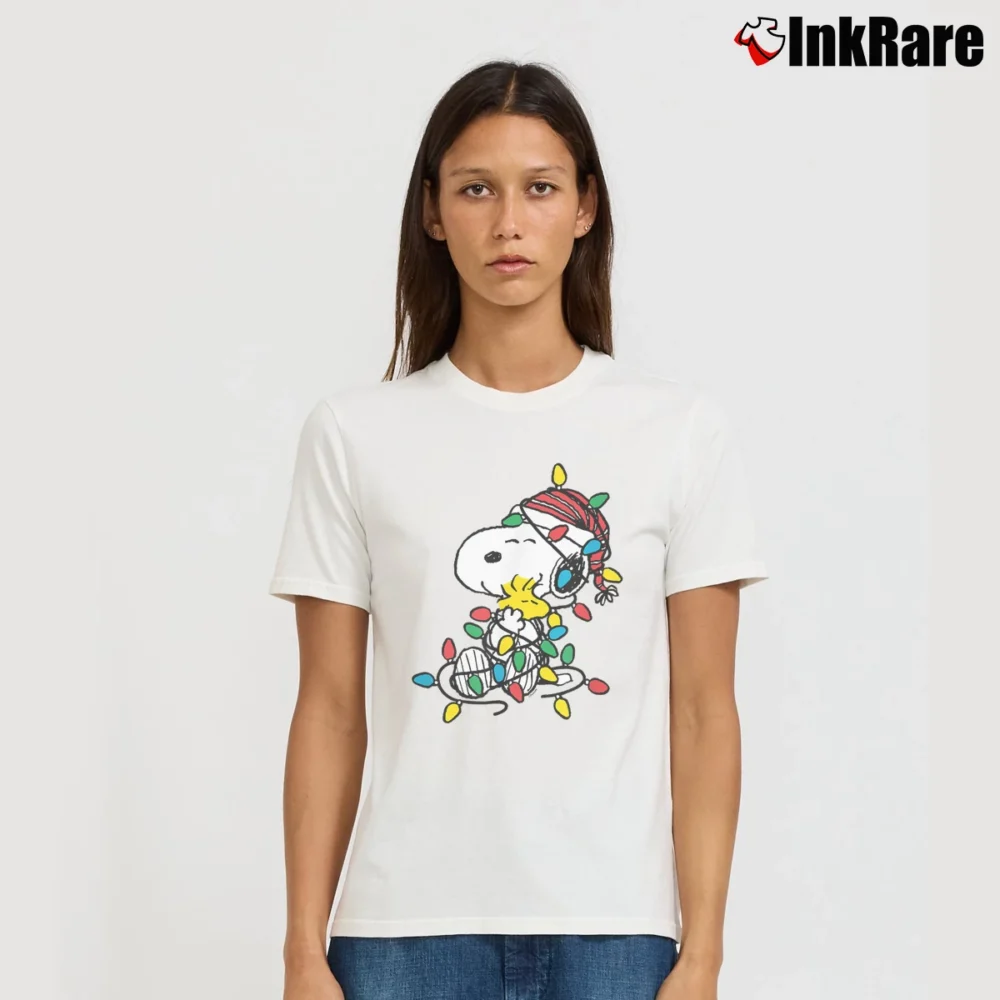 Women’s Snoopy And Woodstock Christmas Lights Holiday Signature T-Shirt in white | Soft, Flattering Fit