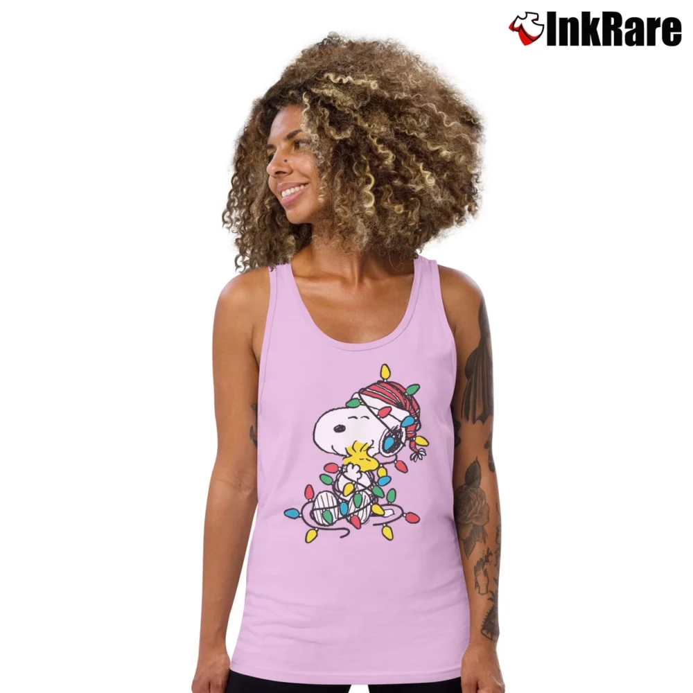 Women’s Snoopy And Woodstock Christmas Lights Holiday Tank Top in light pink | Lightweight, Movement-Friendly