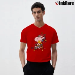 Men’s Snoopy And Woodstock Christmas Lights Holiday V-Neck Tee in red | Sharp, Breathable, Everyday Staple