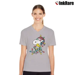 Women’s Snoopy And Woodstock Christmas Lights Holiday V-Neck Tee in sport grey | Chic Neckline, Soft Texture