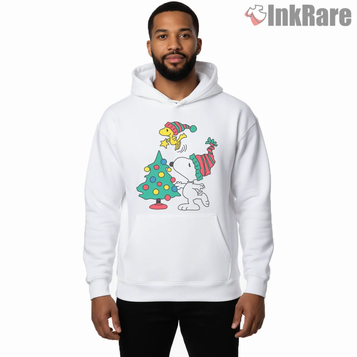 Snoopy And Woodstock Christmas Tree Celebration Shirt on white hoodie for men graphic tee