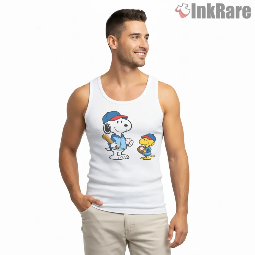 Snoopy And Woodstock Classic Baseball Duo Shirt on white tank top for men graphic tee
