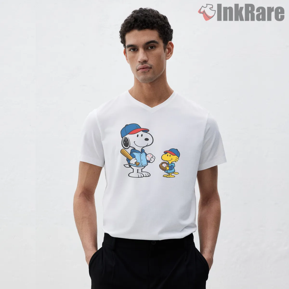 Snoopy And Woodstock Classic Baseball Duo Shirt on white v-neck shirt for men graphic tee
