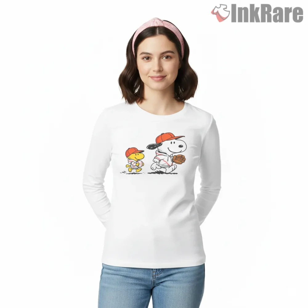 Snoopy And Woodstock Classic Baseball Shirt on white long sleeve shirt for women graphic tee