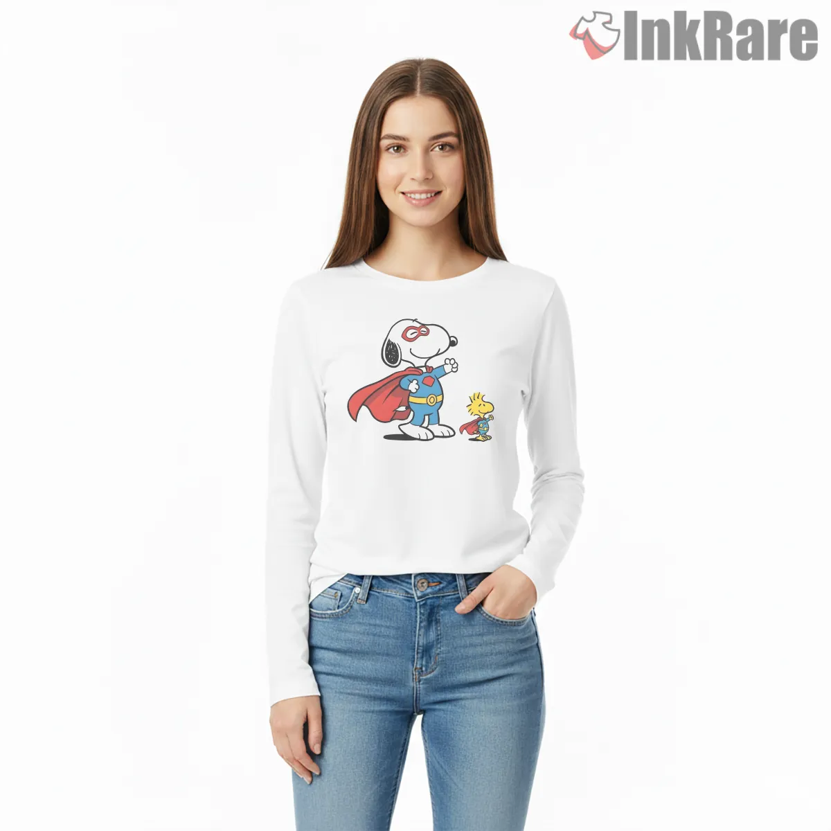 Snoopy And Woodstock Classic Superhero Duo Shirt on white long sleeve shirt for women graphic tee
