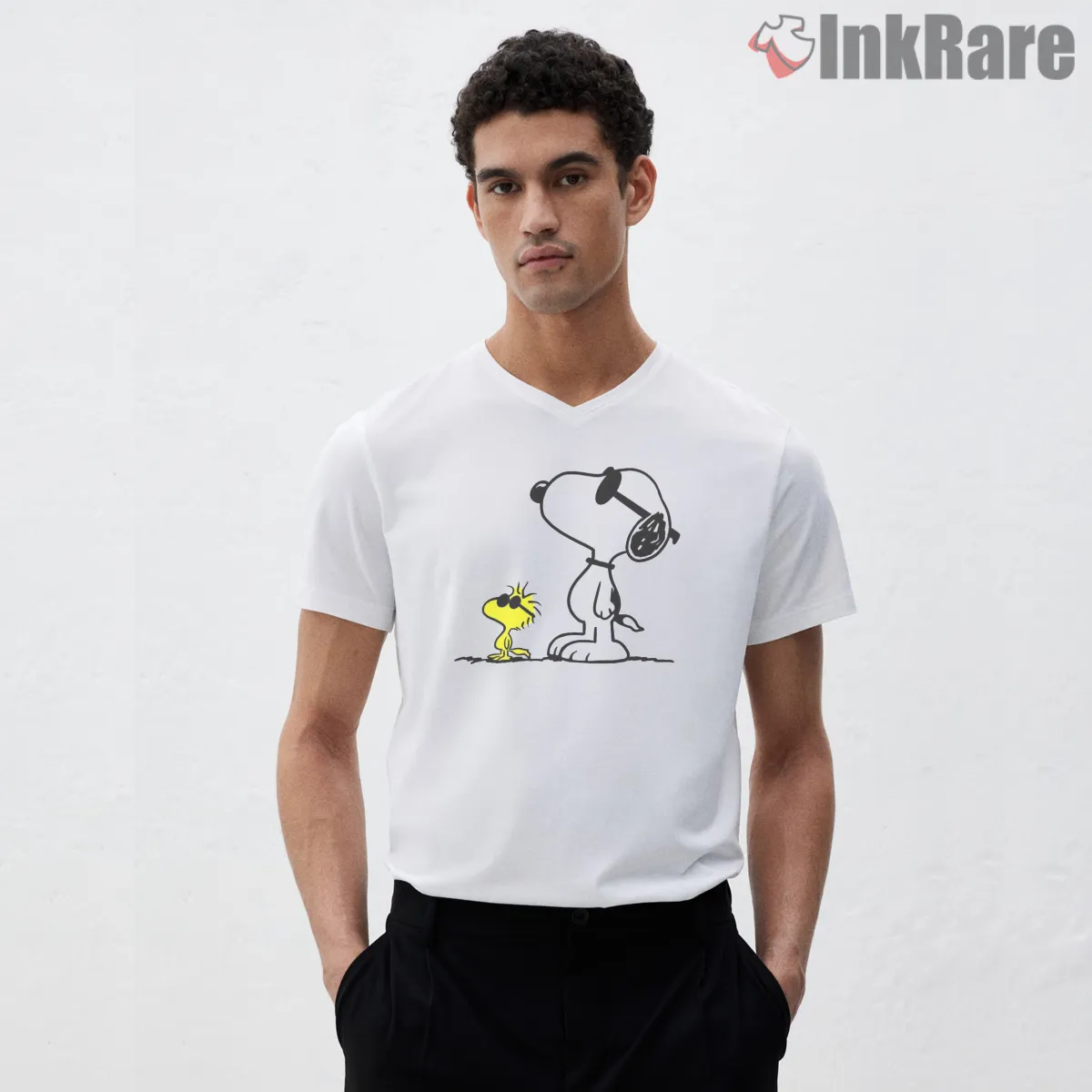 Snoopy And Woodstock Cool Attitude Graphic Shirt on white v-neck shirt for men graphic tee