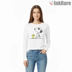 Snoopy And Woodstock Cool Attitude Graphic Shirt on white long sleeve shirt for women graphic tee