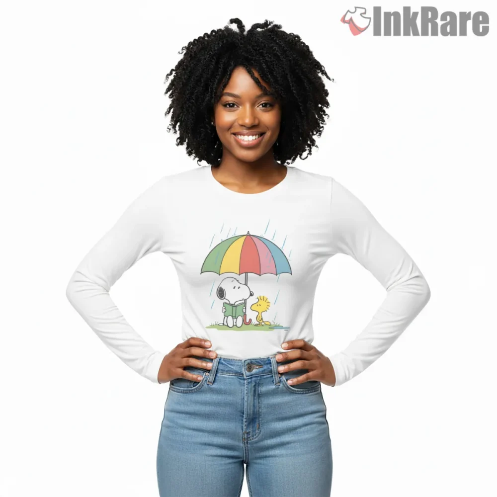 Snoopy And Woodstock Cozy Rainy Day Shirt on white long sleeve shirt for women graphic tee
