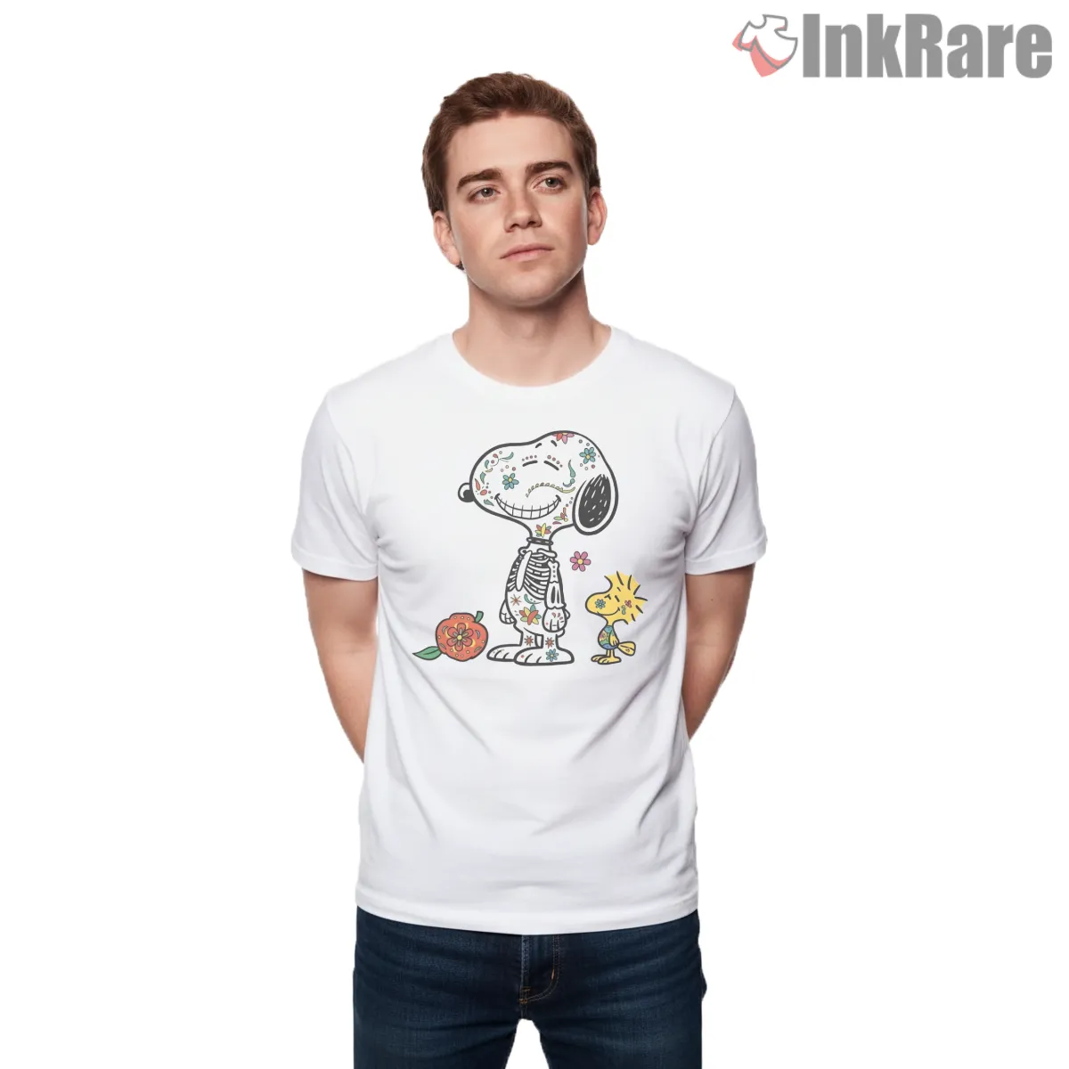 Snoopy And Woodstock Day Of The Dead Art Shirt on white short sleeve shirt for men graphic tee