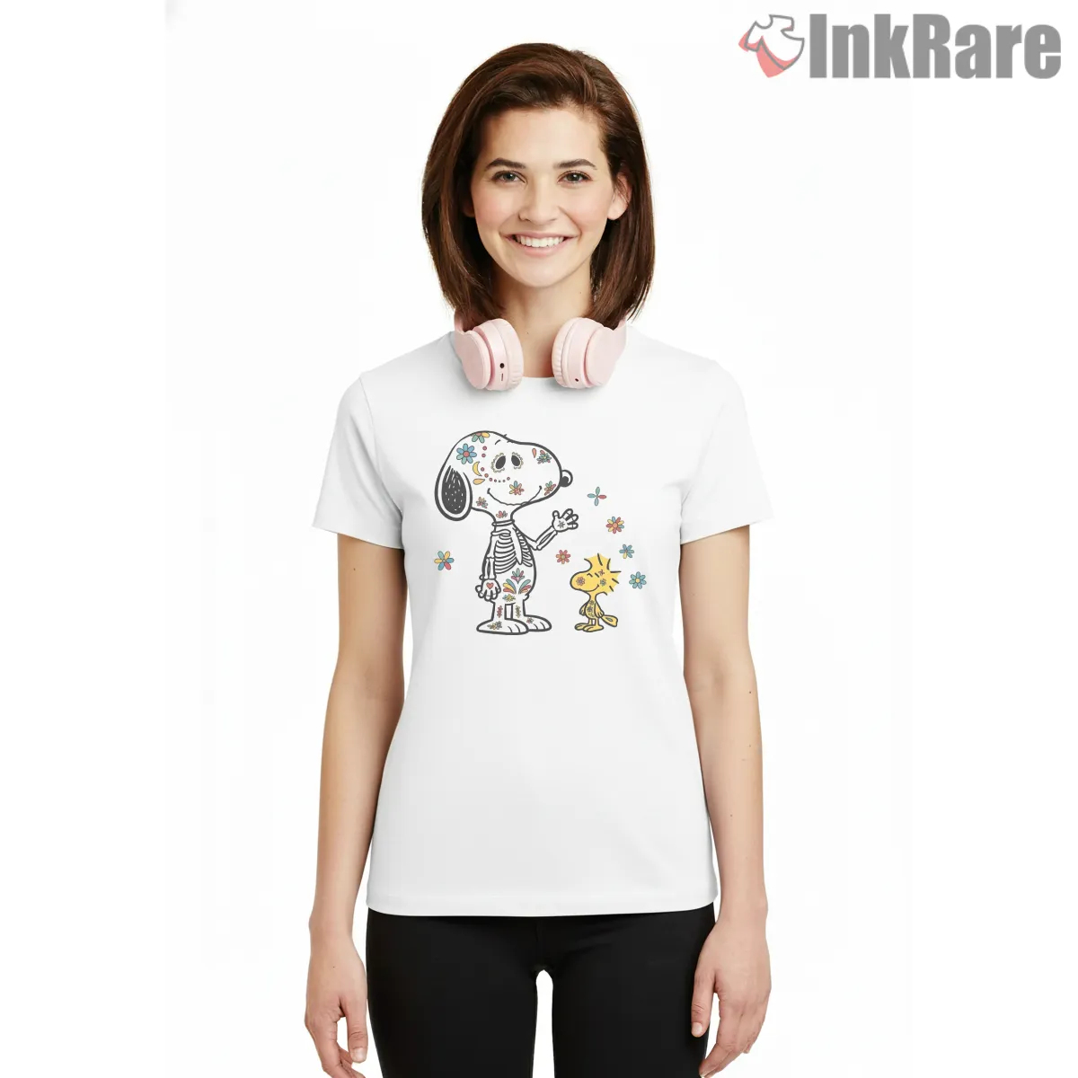 Snoopy And Woodstock Day Of The Dead Shirt on white short sleeve shirt for women graphic tee