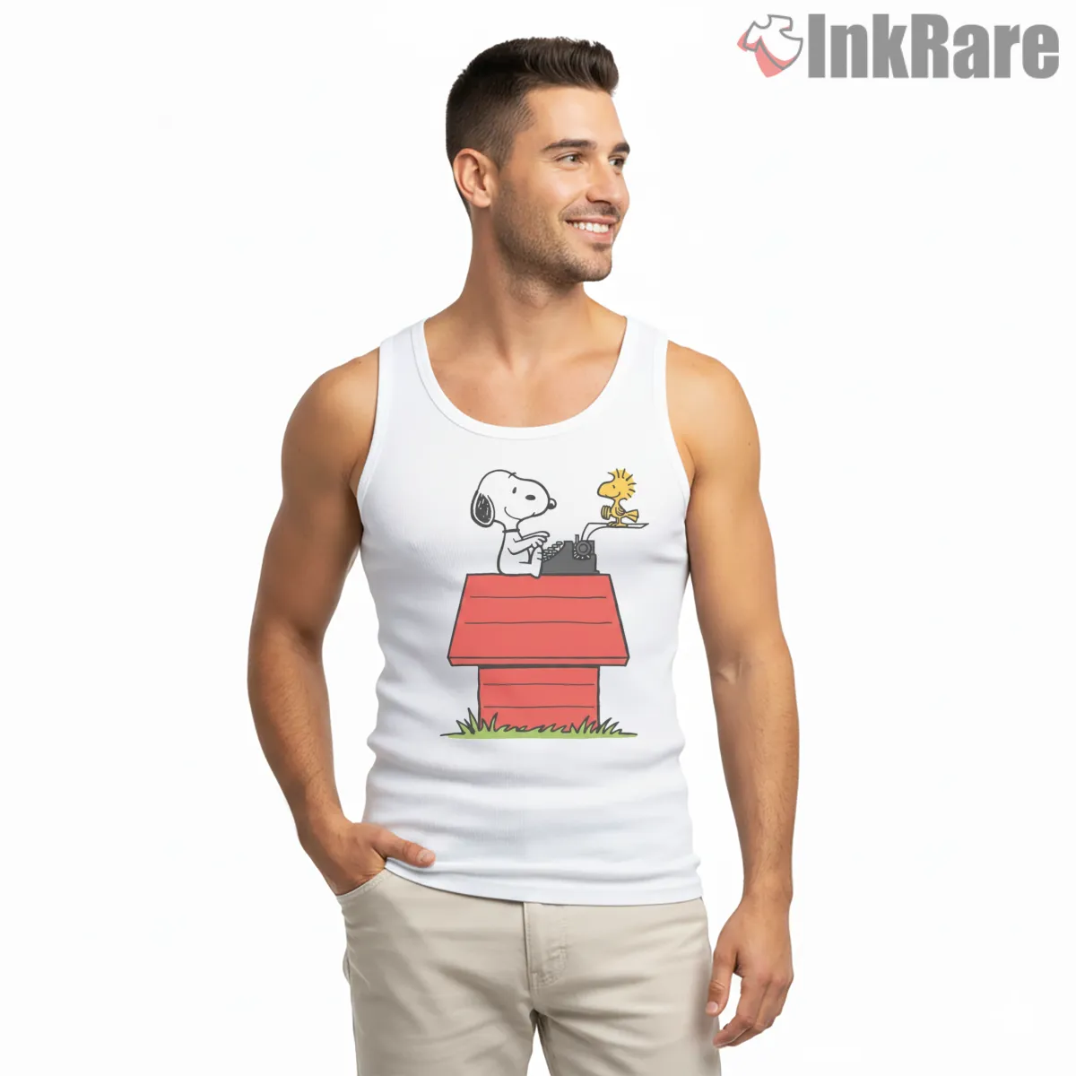 Snoopy And Woodstock Doghouse Periscope Shirt on white tank top for men graphic tee