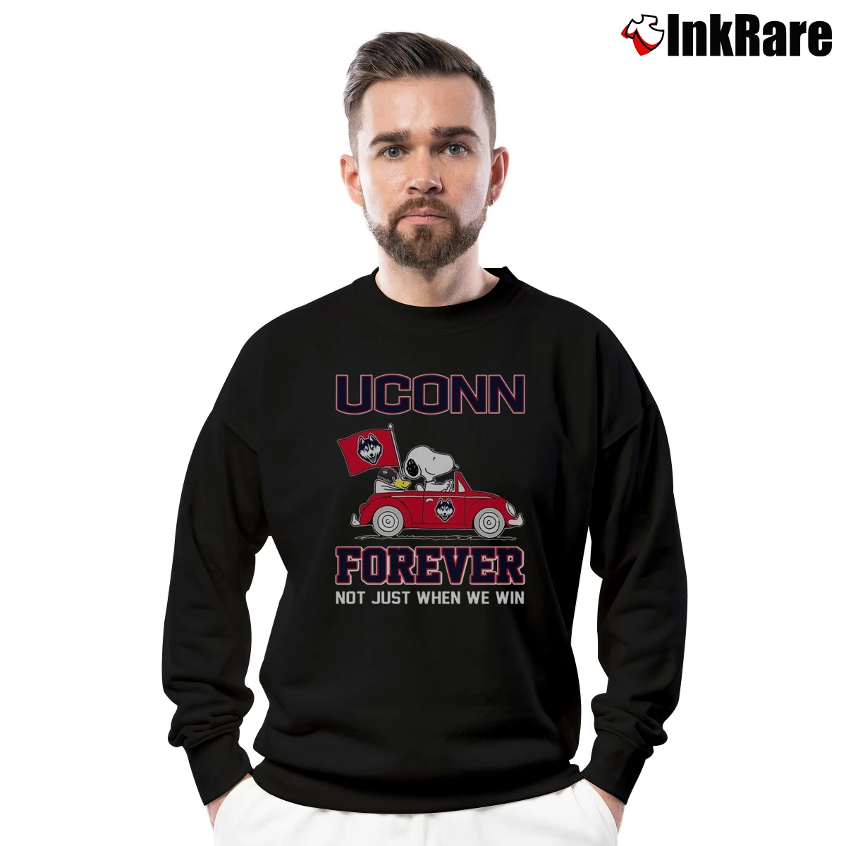 Men’s Snoopy And Woodstock Driving Car Uconn Huskies Flag Crewneck Sweatshirt in black | Cozy Fabric, Clean Style