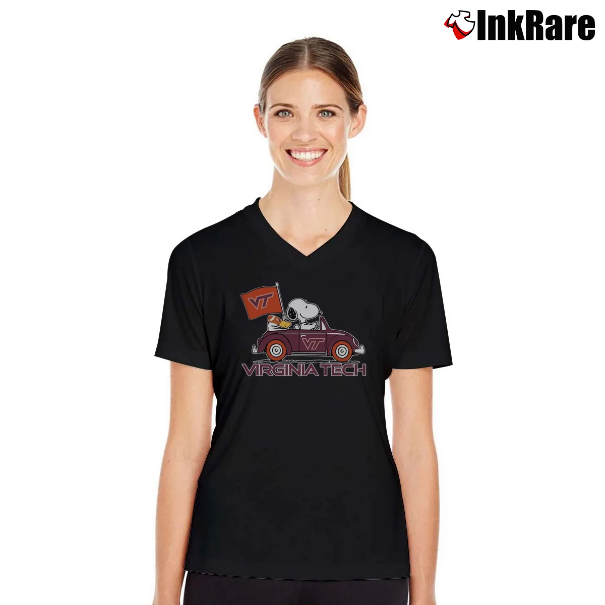 Snoopy And Woodstock Driving Car Virginia Tech Women’s V-Neck Tee in black – Flattering Fit Women’s Snoopy And Woodstock Driving Car Virginia Tech V-Neck Tee in black | Chic Neckline, Soft Texture