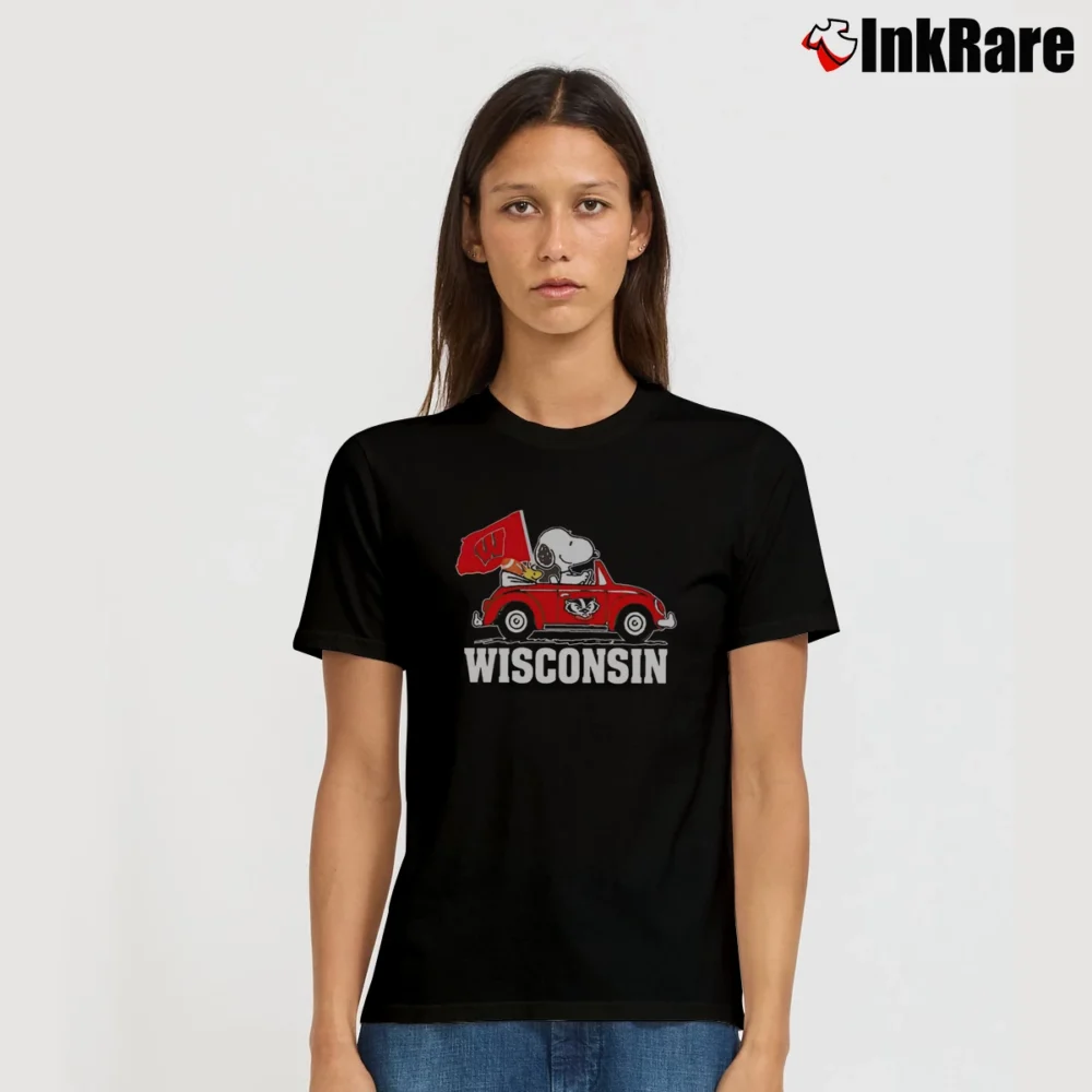 Women’s Snoopy And Woodstock Driving Car Wisconsin Badgers T-Shirt in black | Soft, Flattering Fit