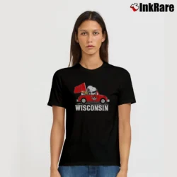 Women’s Snoopy And Woodstock Driving Car Wisconsin Badgers T-Shirt in black | Soft, Flattering Fit