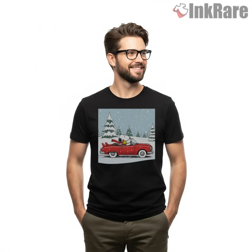 Snoopy And Woodstock Driving Red Car In Snow Shirt on black short sleeve shirt for men graphic tee