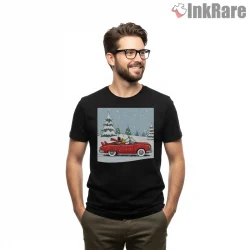Snoopy And Woodstock Driving Red Car In Snow Shirt on black short sleeve shirt for men graphic tee