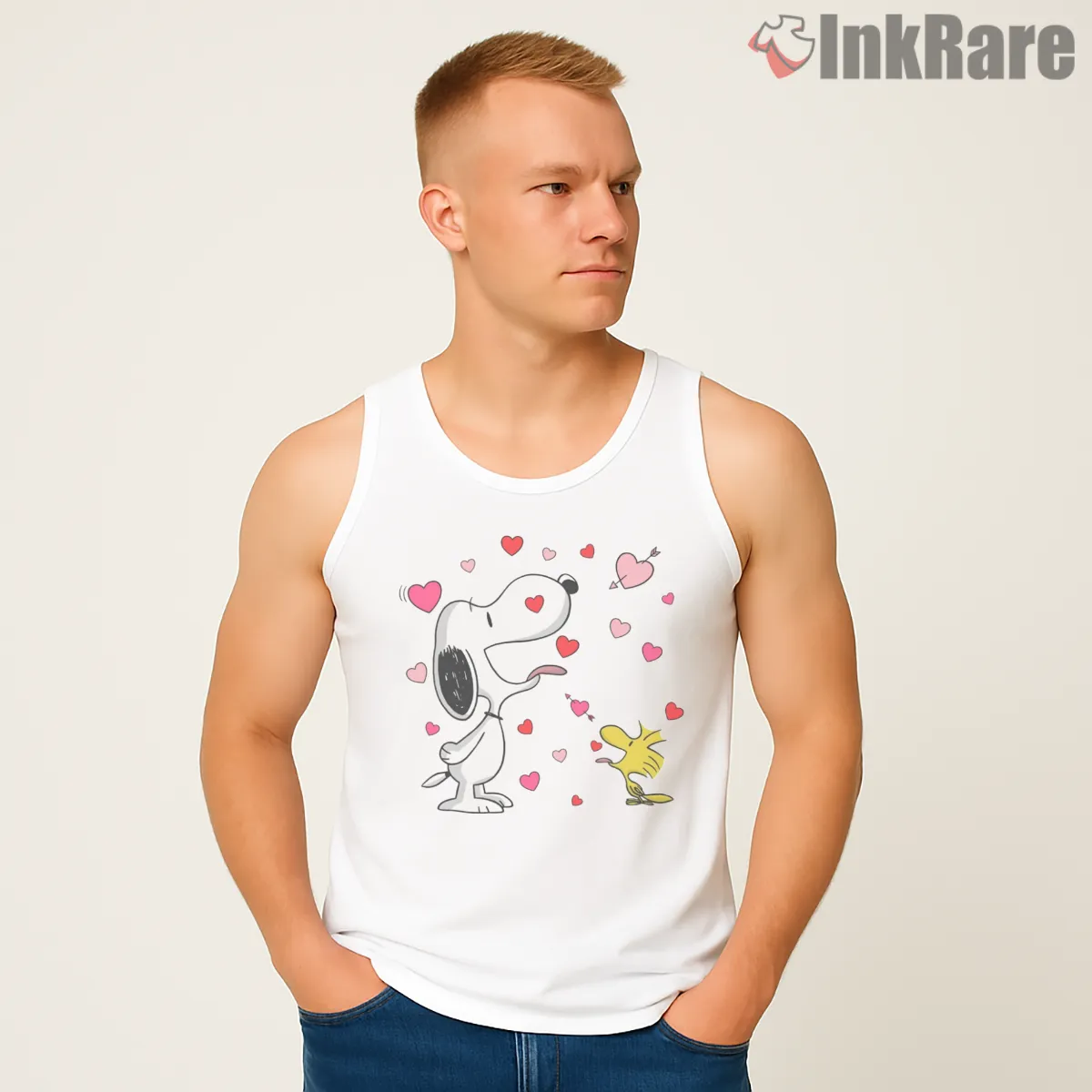 Snoopy And Woodstock Floating Hearts Fun Shirt on white tank top for men graphic tee