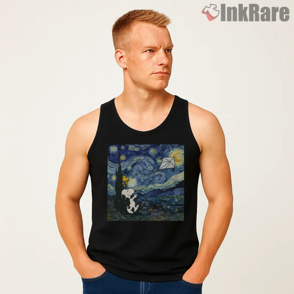 Snoopy And Woodstock Flying A Kite Starry Night Art Shirt on black tank top for men graphic tee