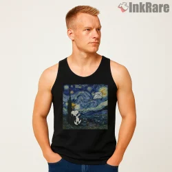 Snoopy And Woodstock Flying A Kite Starry Night Art Shirt on black tank top for men graphic tee
