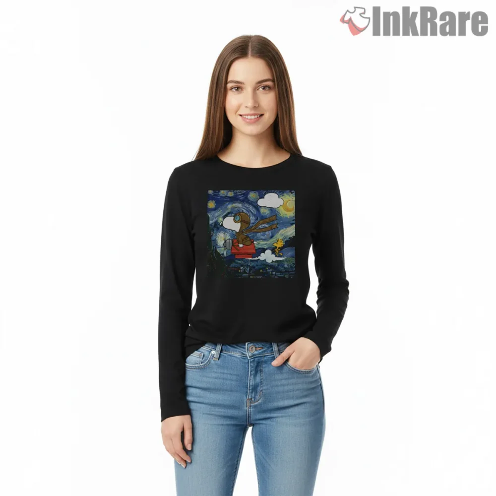 Snoopy And Woodstock Flying Adventure Starry Night Shirt on black long sleeve shirt for women graphic tee