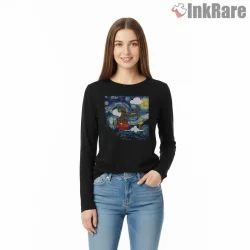 Snoopy And Woodstock Flying Adventure Starry Night Shirt on black long sleeve shirt for women graphic tee