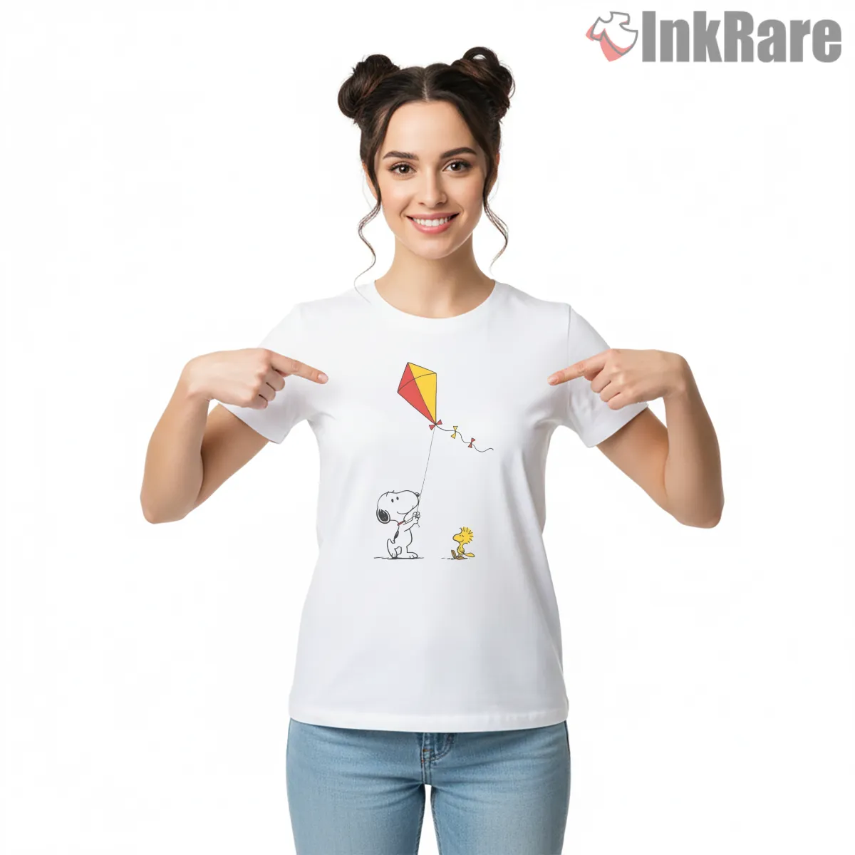 Snoopy And Woodstock Flying Kite Shirt on white short sleeve shirt for women graphic tee