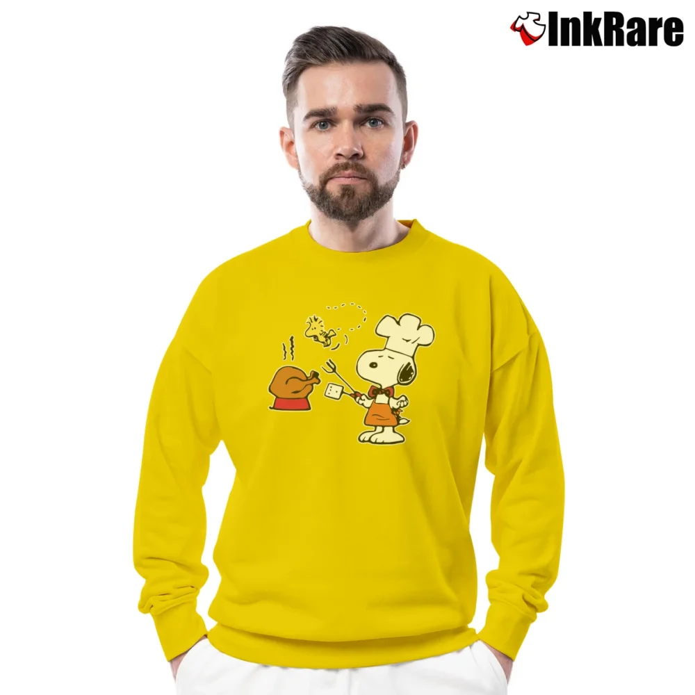 Men’s Snoopy And Woodstock Funny Thanksgiving Turkey Joy Crewneck Sweatshirt in yellow | Cozy Fabric, Clean Style