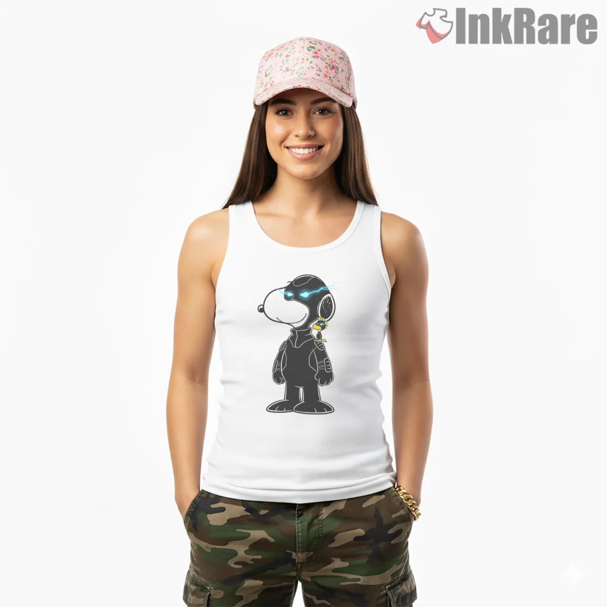 Snoopy And Woodstock Futuristic Cyber Style Shirt on white tank top for women graphic tee