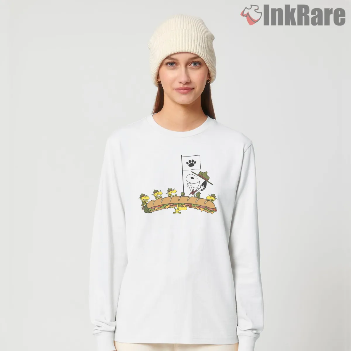 Snoopy And Woodstock Giant Sandwich Adventure Shirt on white long sleeve shirt for women graphic tee