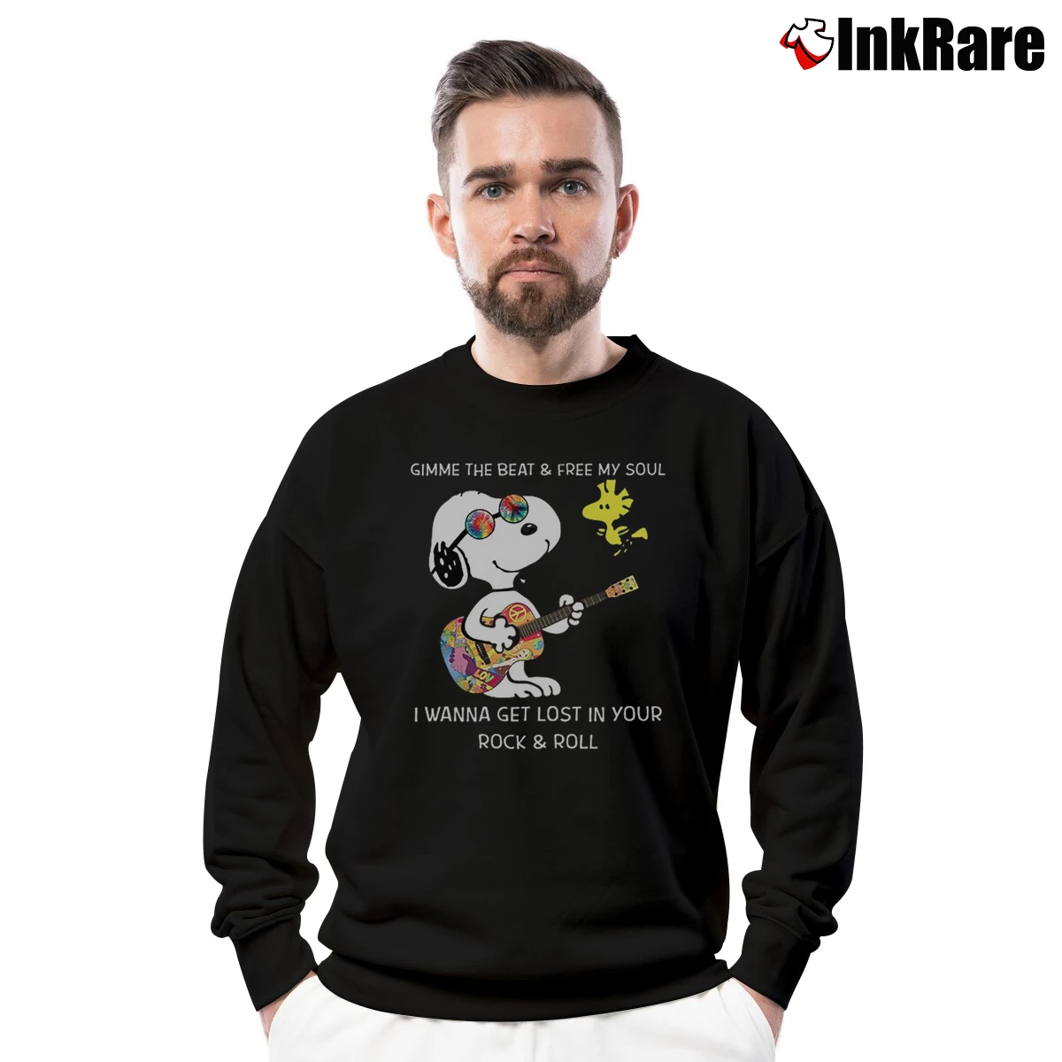 Men’s Snoopy And Woodstock Gimme The Beat Free My Soul Crewneck Sweatshirt in black | Cozy Fabric, Clean Style