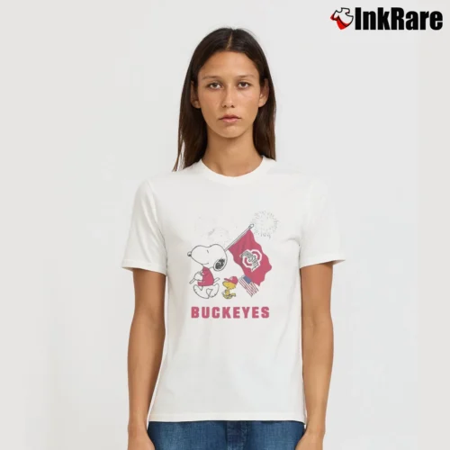 Snoopy And Woodstock Happy 4th Of July Ohio State Buckeyes Women’s Tee in white – Effortless Style Women’s Snoopy And Woodstock Happy 4th Of July Ohio State Buckeyes T-Shirt in white | Soft, Flattering Fit