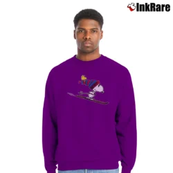 Men’s Snoopy And Woodstock Happy Is Skiing Crewneck Sweatshirt in purple | Cozy Fabric, Clean Style