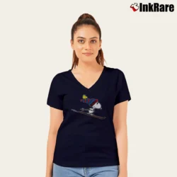 Women’s Snoopy And Woodstock Happy Is Skiing V-Neck Tee in navy | Chic Neckline, Soft Texture