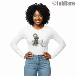 Snoopy And Woodstock Haunted House Shirt on white long sleeve shirt for women graphic tee