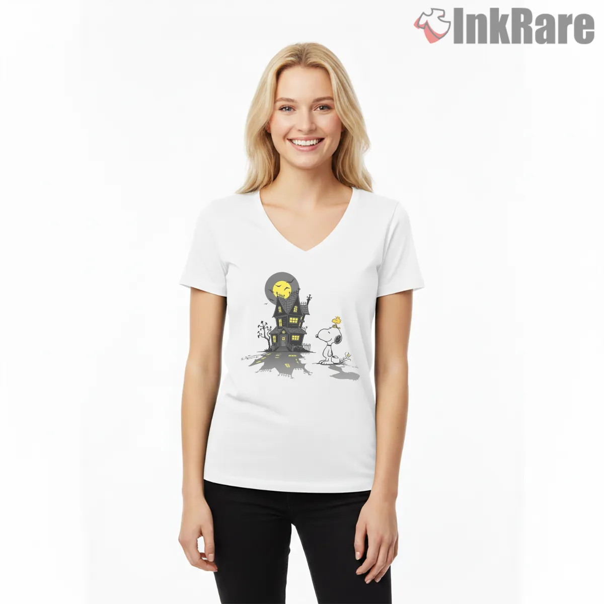 Snoopy And Woodstock Haunted House Shirt on white v-neck shirt for women graphic tee