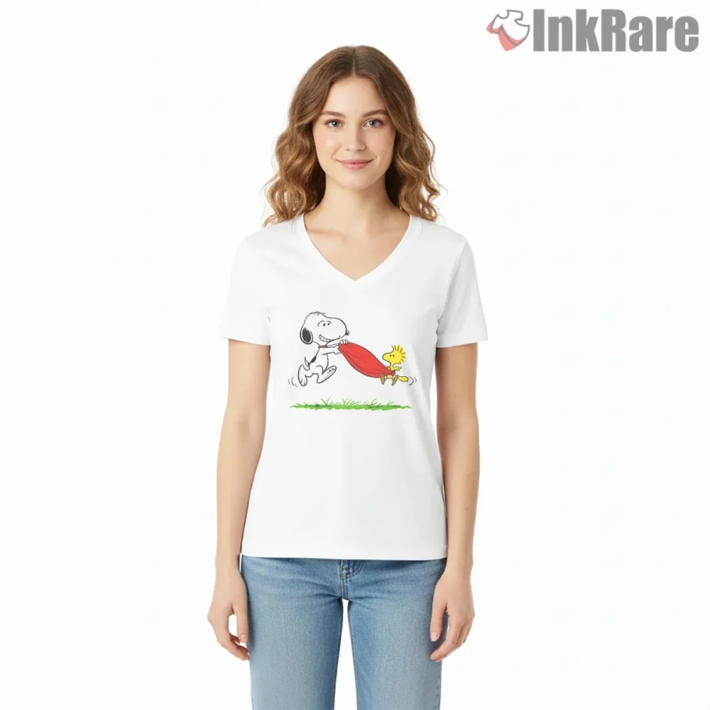 Snoopy And Woodstock Have Fun Shirt on white v-neck shirt for women graphic tee
