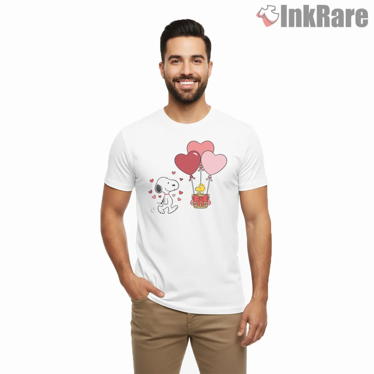 Snoopy And Woodstock Heart Balloons Shirt on white short sleeve shirt for men graphic tee