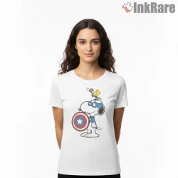 Snoopy And Woodstock Hero Shield Shirt on white short sleeve shirt for women graphic tee