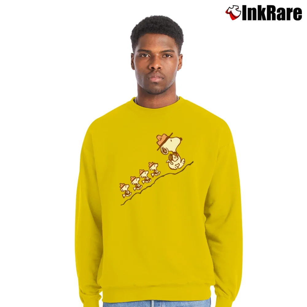 Men’s Snoopy And Woodstock Hiking Crewneck Sweatshirt in yellow | Cozy Fabric, Clean Style