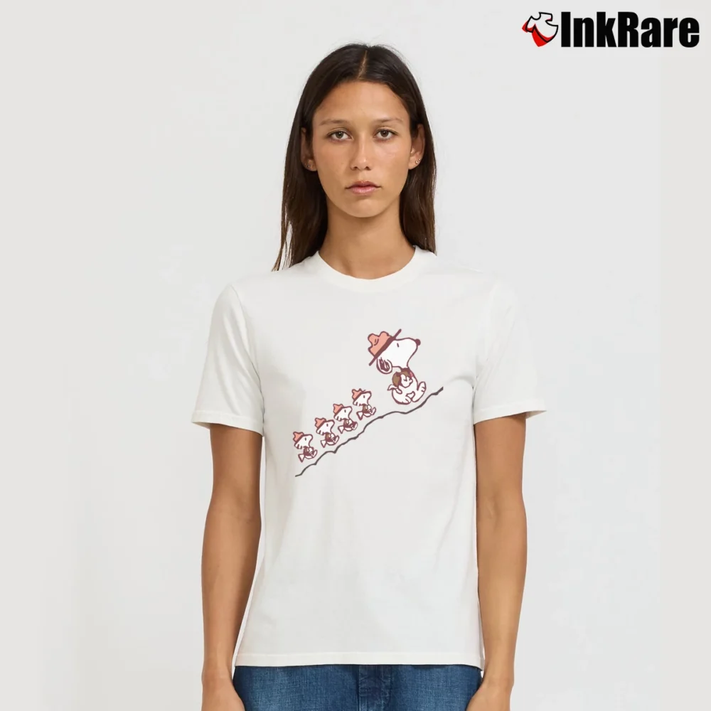 Women’s Snoopy And Woodstock Hiking Signature T-Shirt in white | Soft, Flattering Fit