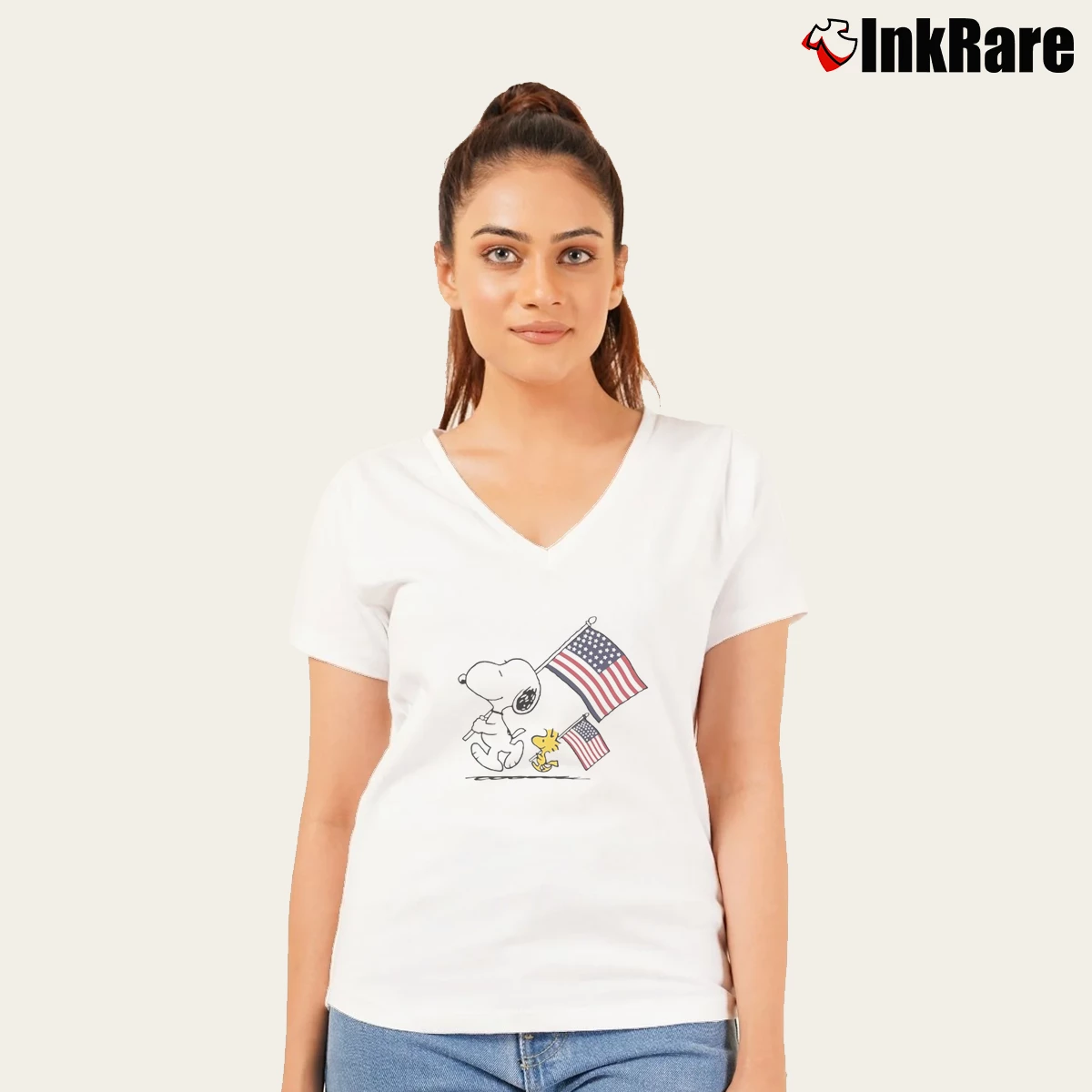 Snoopy And Woodstock Holding American Flag 4th Of July Women’s V-Neck Tee in white – Flattering Fit Women’s Snoopy And Woodstock Holding American Flag 4th Of July V-Neck Tee in white | Chic Neckline, Soft Texture