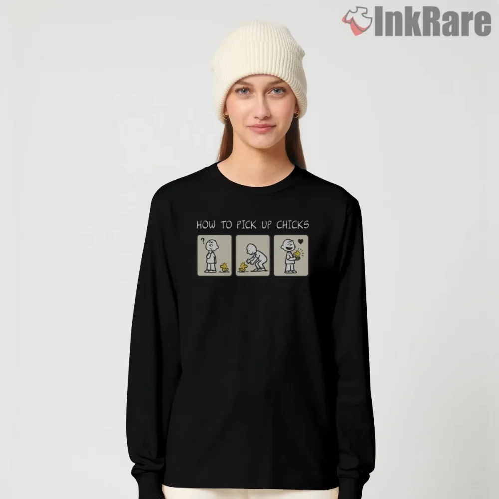 Snoopy And Woodstock How To Pick Up Chicks Comic Shirt on black long sleeve shirt for women graphic tee