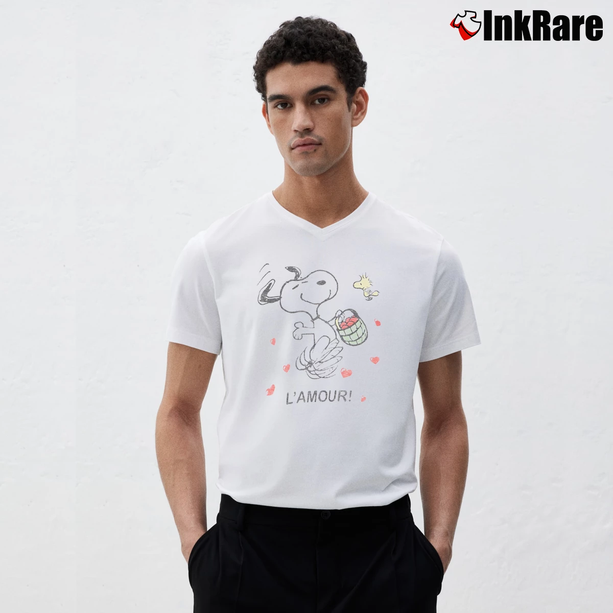Snoopy And Woodstock L’amour Men’s V-Neck Tee in white – Modern Essential Men’s Snoopy And Woodstock L'amour V-Neck Tee in white | Sharp, Breathable, Everyday Staple