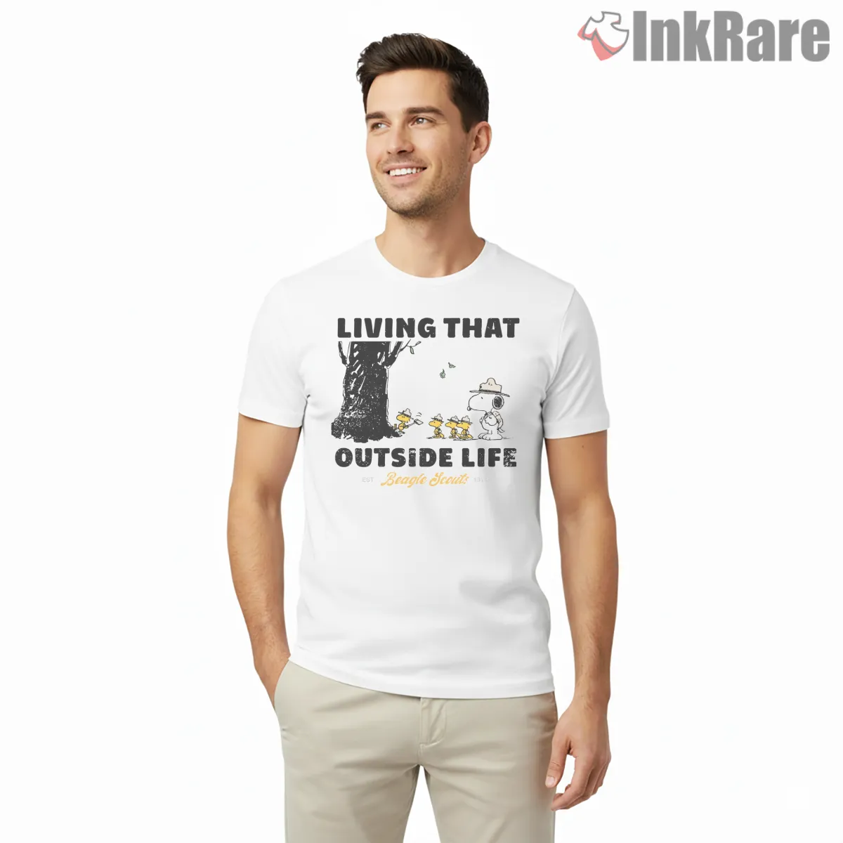 Snoopy And Woodstock Living Outside Life Shirt on white short sleeve shirt for men graphic tee