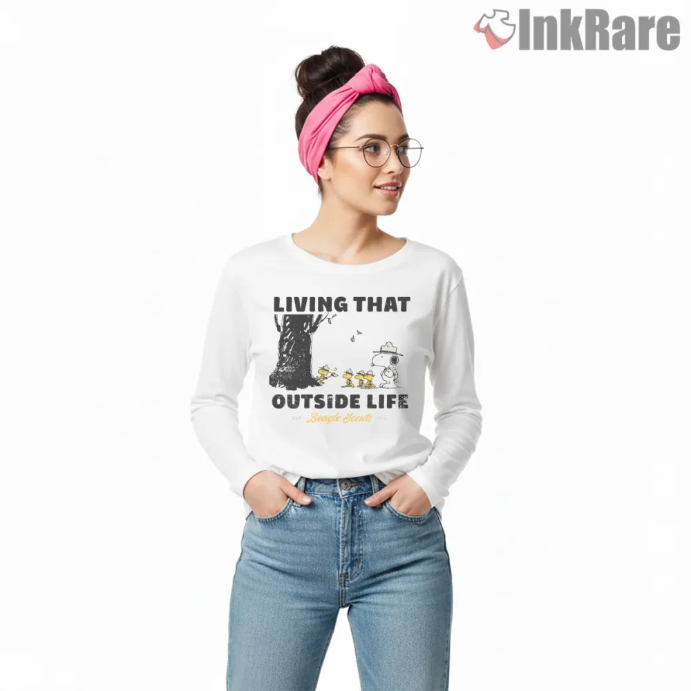Snoopy And Woodstock Living Outside Life Shirt on white long sleeve shirt for women graphic tee