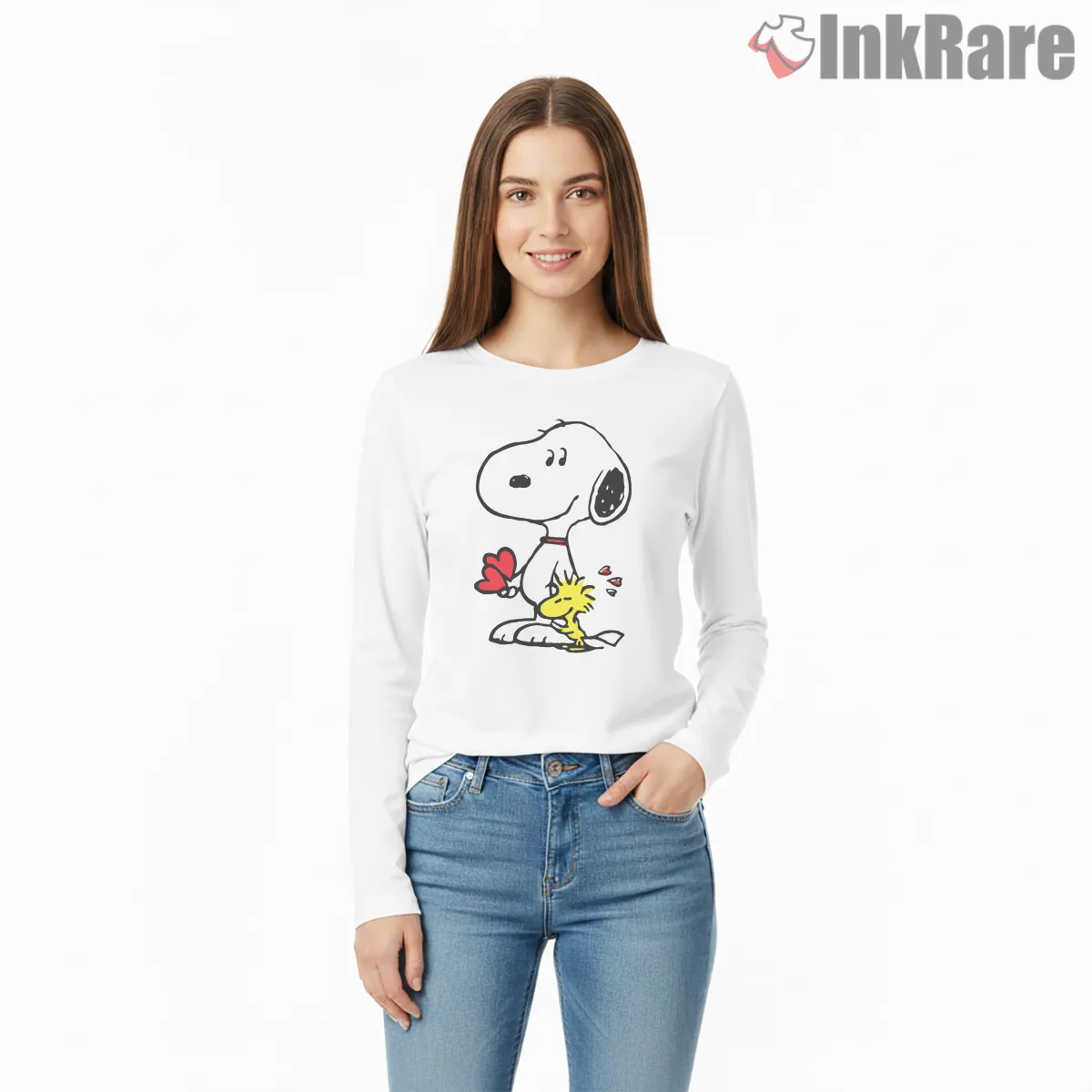 Snoopy And Woodstock Love Hearts Shirt on white long sleeve shirt for women graphic tee
